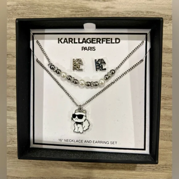 NIB! Karl Lagerfeld Silver Necklace Set & Earrings Set - Picture 1 of 3